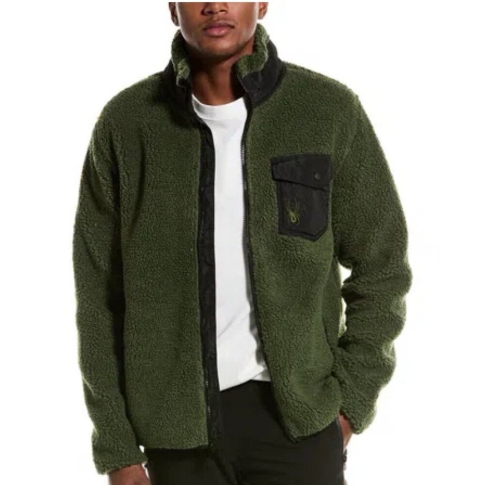 SPYDER Teddy Fleece Jacket Green Black Small Mens Elevate Zip Up Zippered